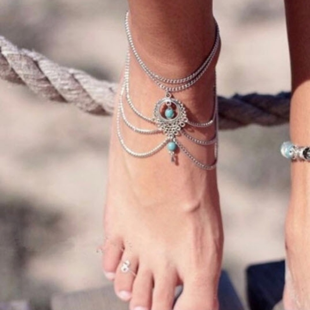Silvertone Anklet  w/faux Turquoise stones - Picture 3 of 5